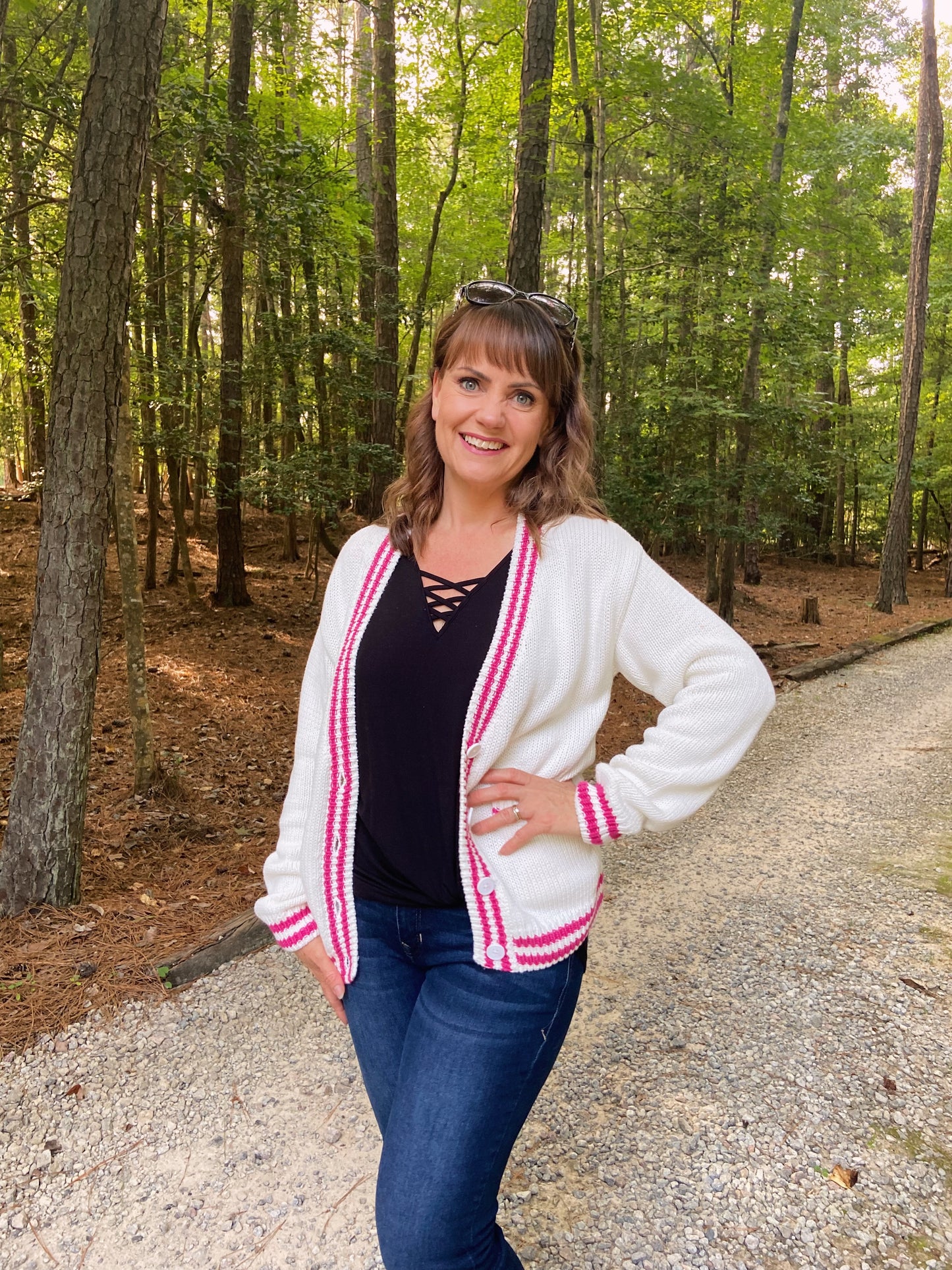 Varsity Cardigan - Pink & White