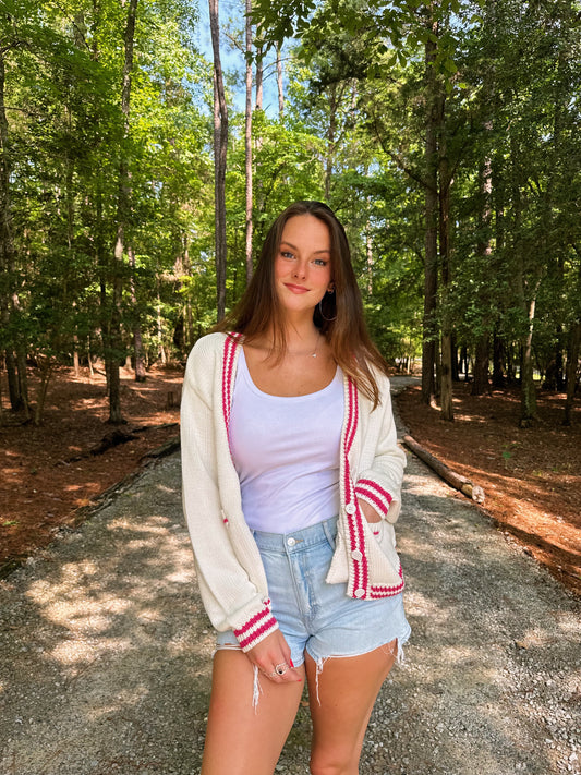 Varsity Cardigan - Pink & White