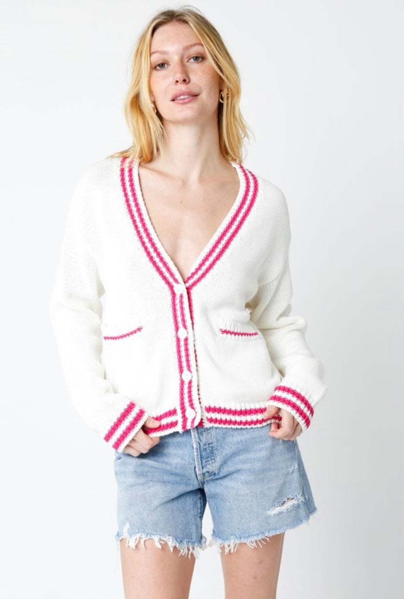 Varsity Cardigan - Pink & White