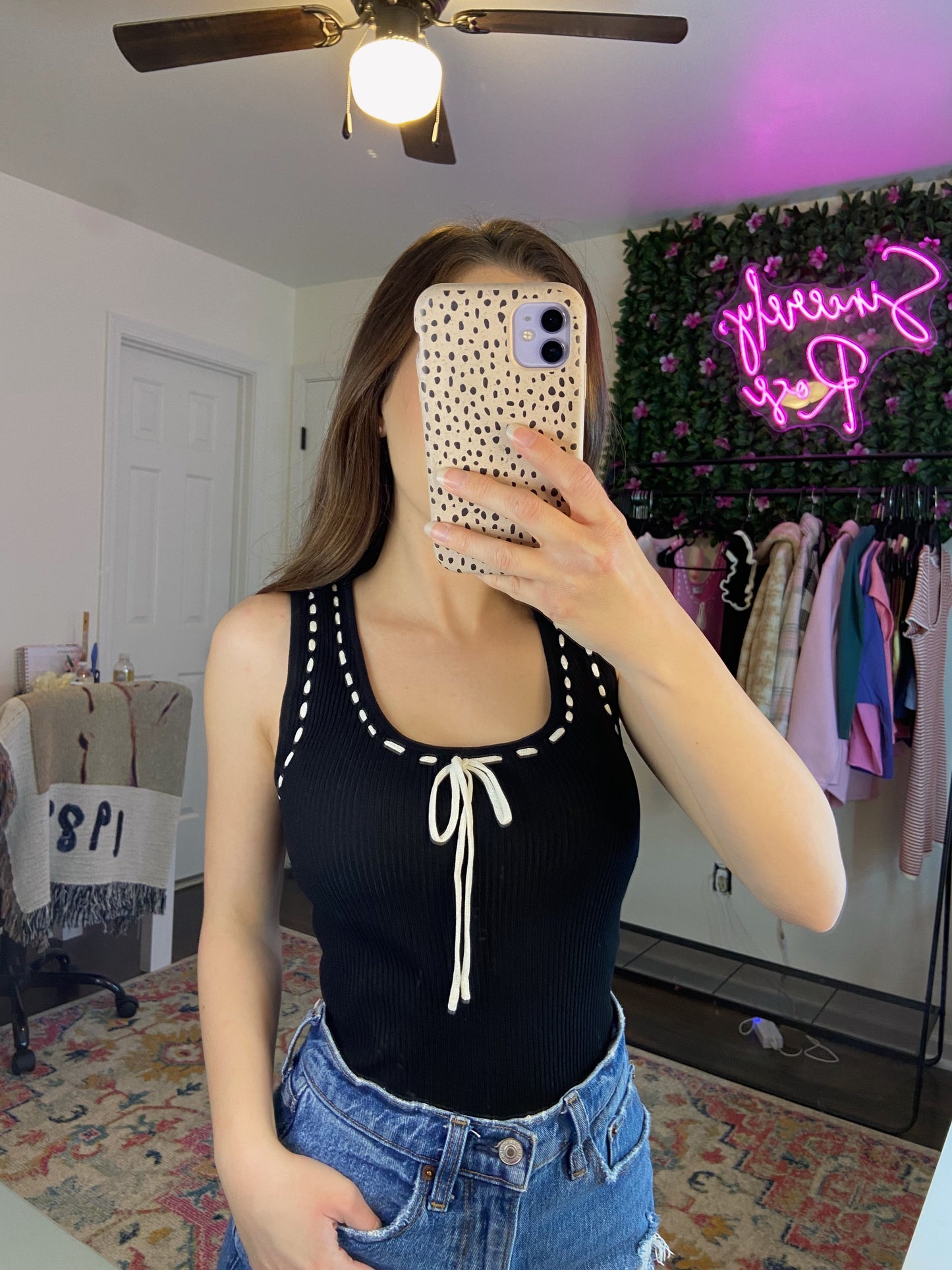 Stitched Ribbon Tank - Black