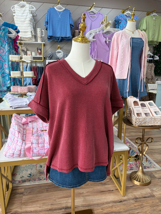 Lanie V-Neck Top - Burgundy