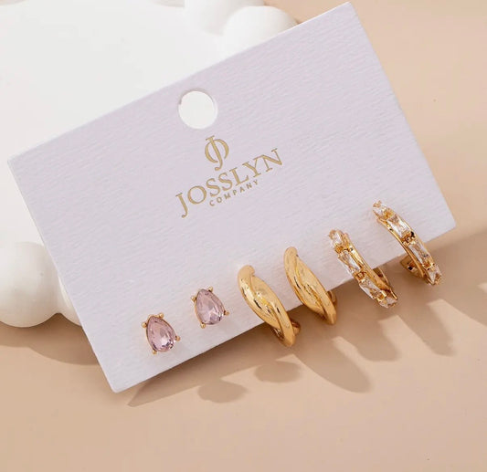 Pink Crystal & Gold Hoop Earring Set