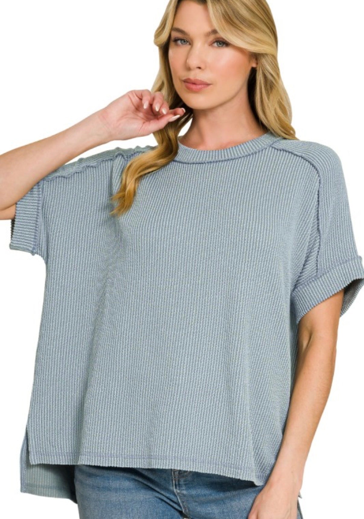 Riley Ribbed Top - Blue Grey