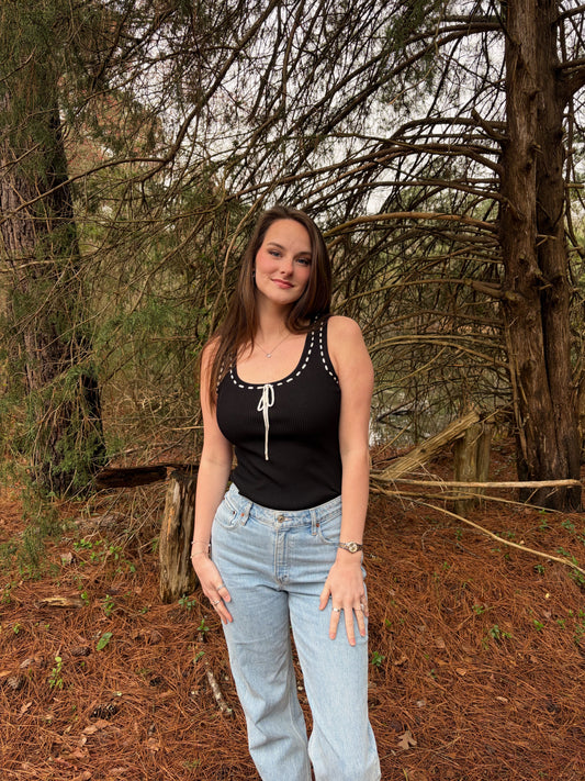 Stitched Ribbon Tank - Black