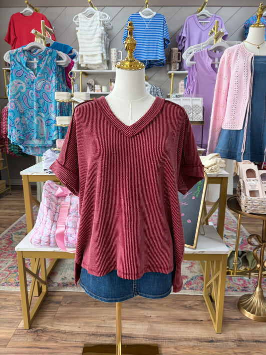 Lanie V-Neck Top - Burgundy