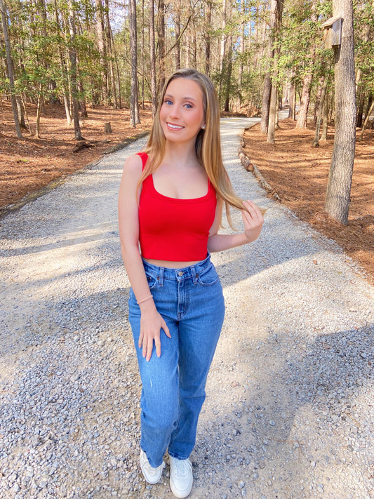 Red Chevron Ribbed Crop Top